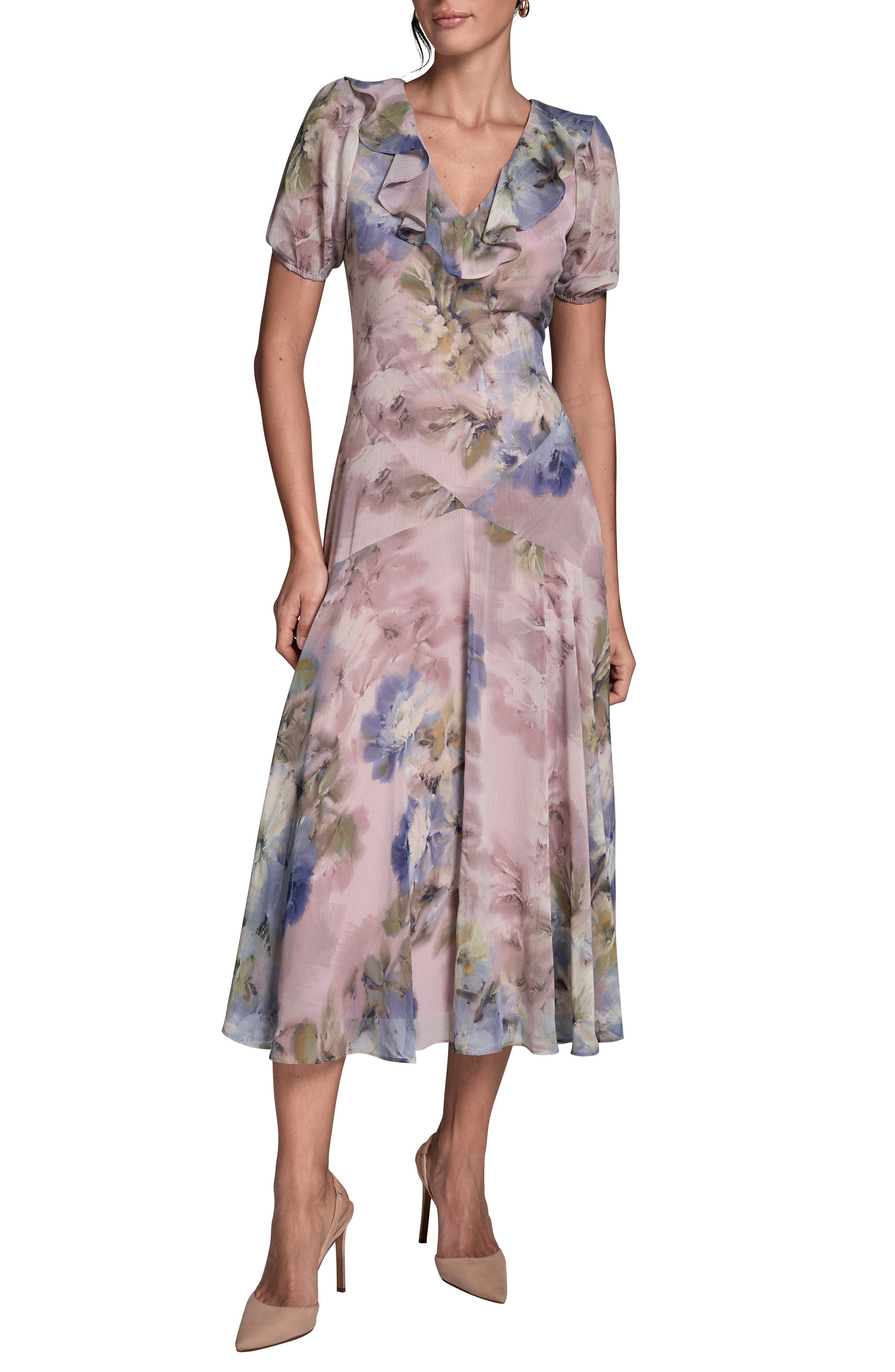 BCBG Floral Chiffon Cutout Back Dress