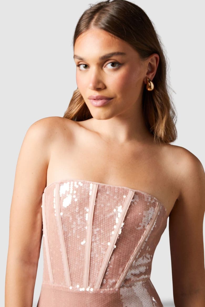 Bandeau Corset Sequin Midi Dress, Alternate, color, Mink