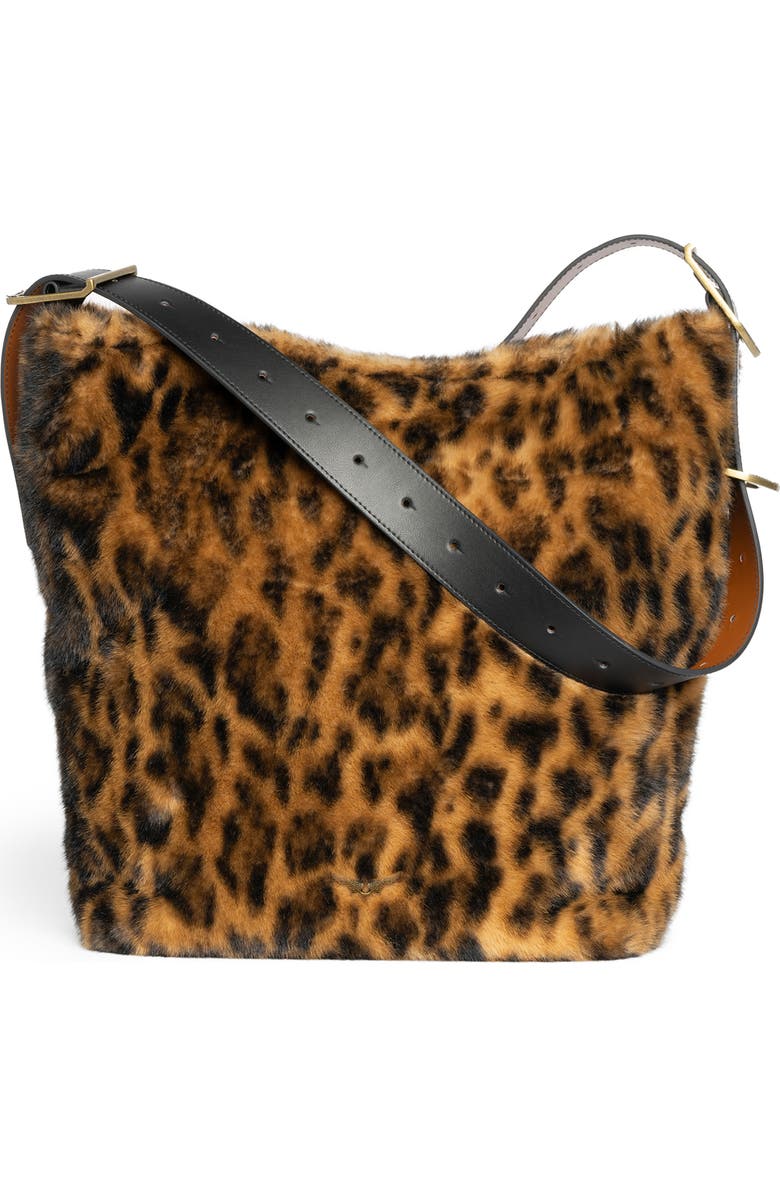 Zadig & Voltaire Jane X-Large Leo Faux Fur Hobo Bag, Alternate, color, Cognac