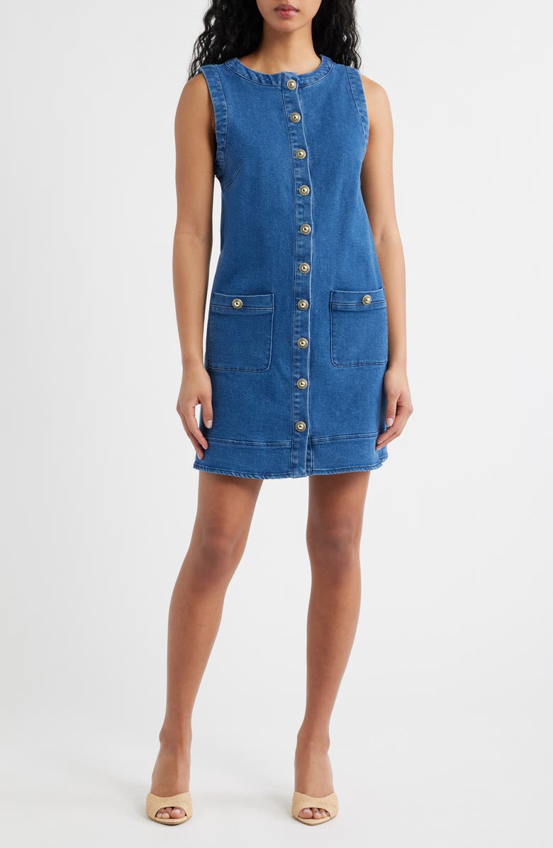 FLYING TOMATO Button-Up Denim Shift Minidress, Main, color, Medium Indigo