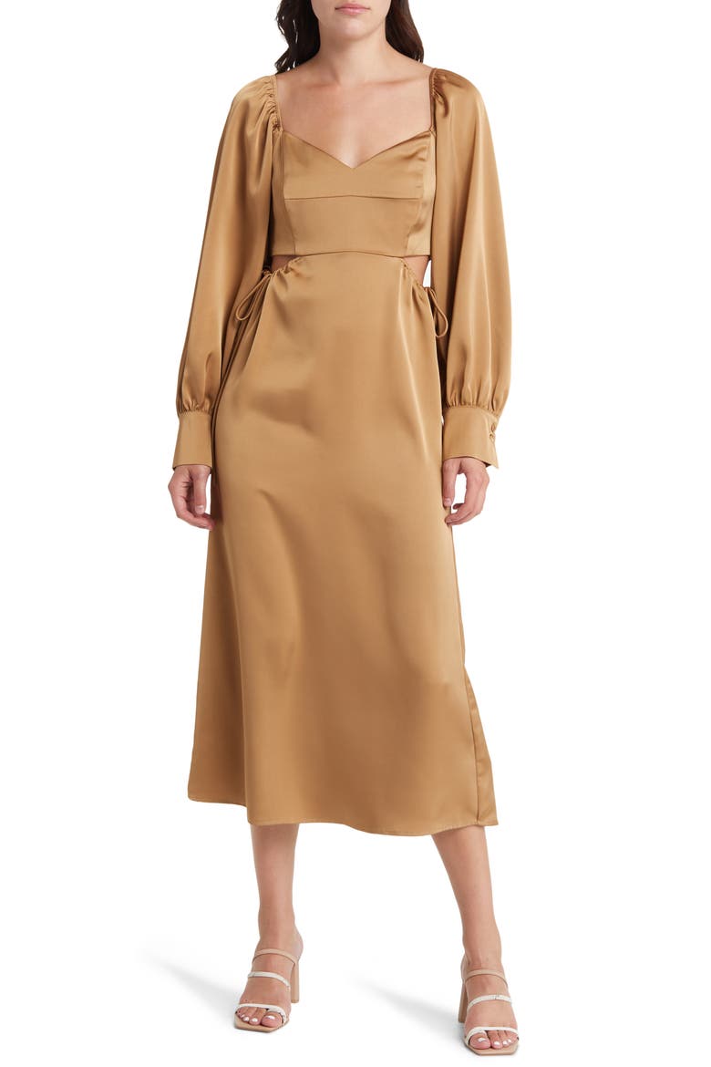 Cutout Long Sleeve Satin Midi Dress, Main, color, BRONZE