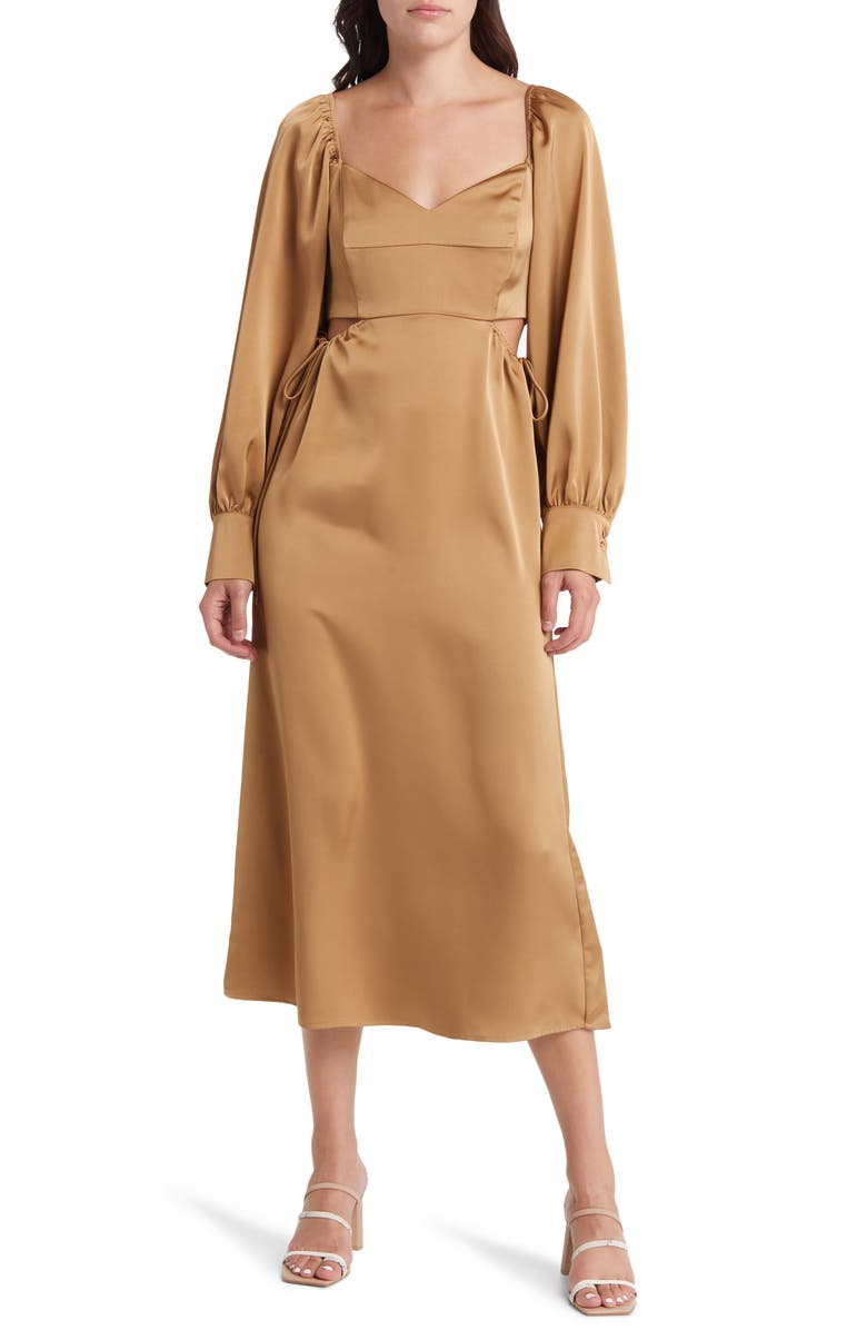 MOON RIVER Cutout Long Sleeve Satin Midi Dress, Main, color, Bronze