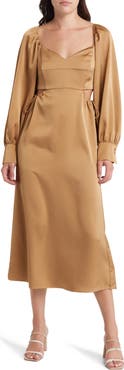 MOON RIVER Cutout Long Sleeve Satin Midi Dress