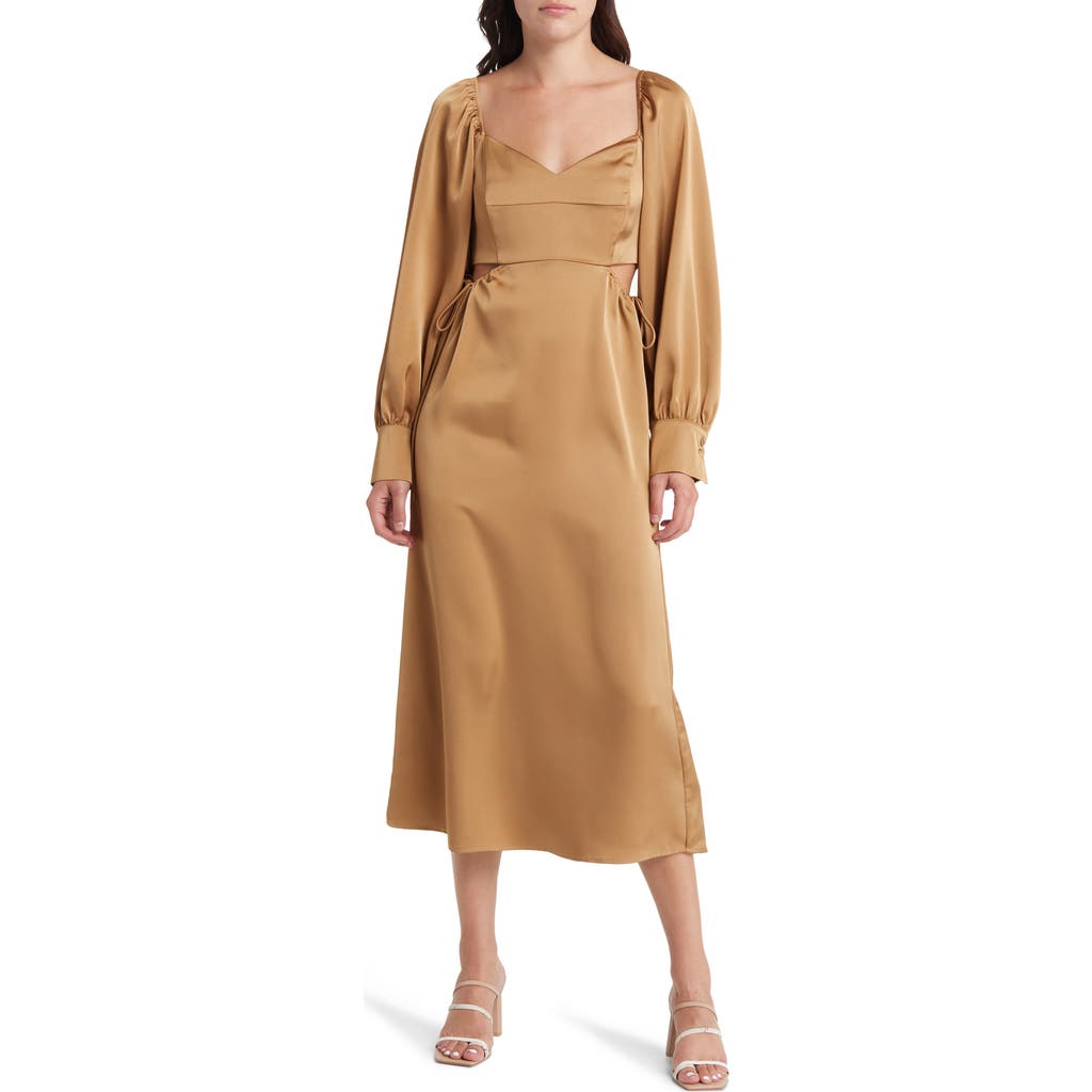 Moon River Cutout Long Sleeve Satin Midi Dress In Brown