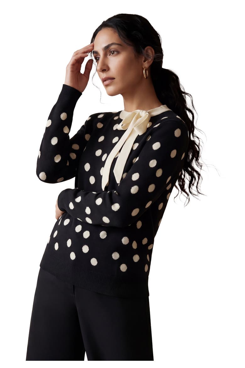 Tie Neck Sweater, Main, color, BLACK IVORY SCATTER DOT