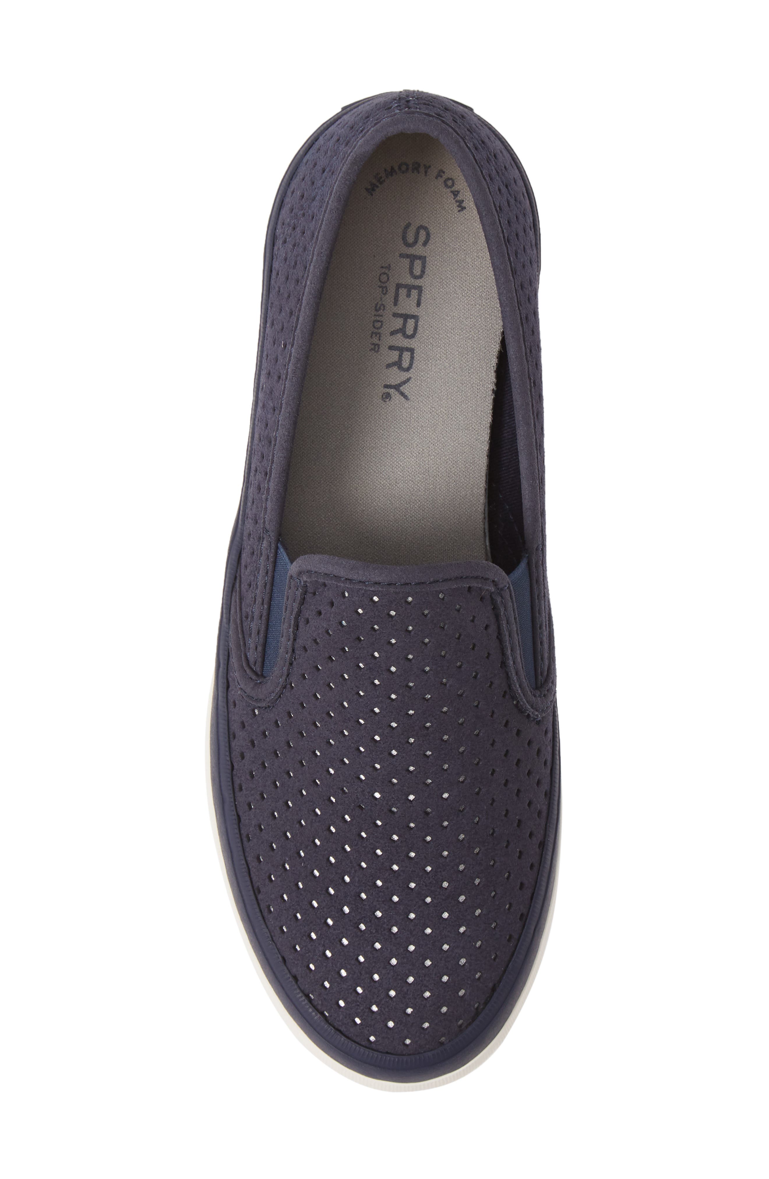 Sperry Seaside Perforated Varsity Slip-On Sneaker, Alternate, color, NAVY SUEDE