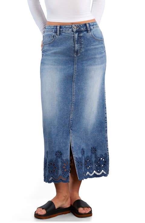 Eyelet Maxi Denim Skirt