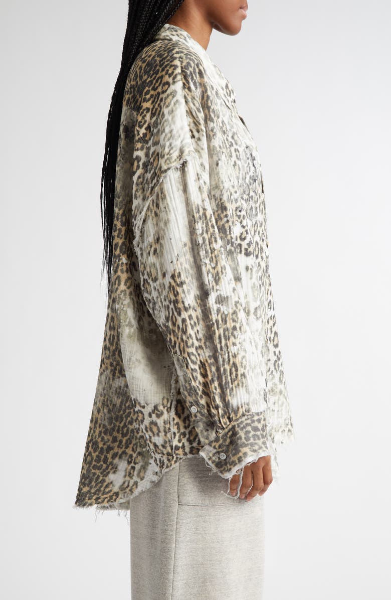 R13 Shredded Seam Drop Neck Leopard Print Button-Up Shirt, Alternate, color,