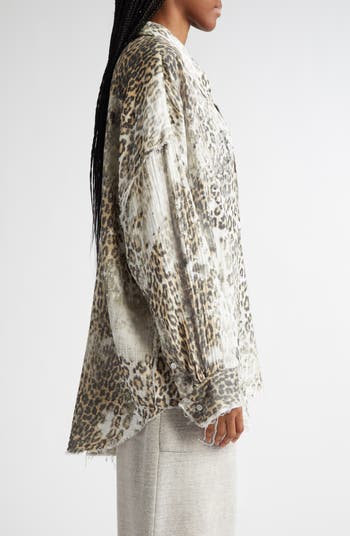 R13 Shredded Seam Drop Neck Leopard Print Button-Up Shirt