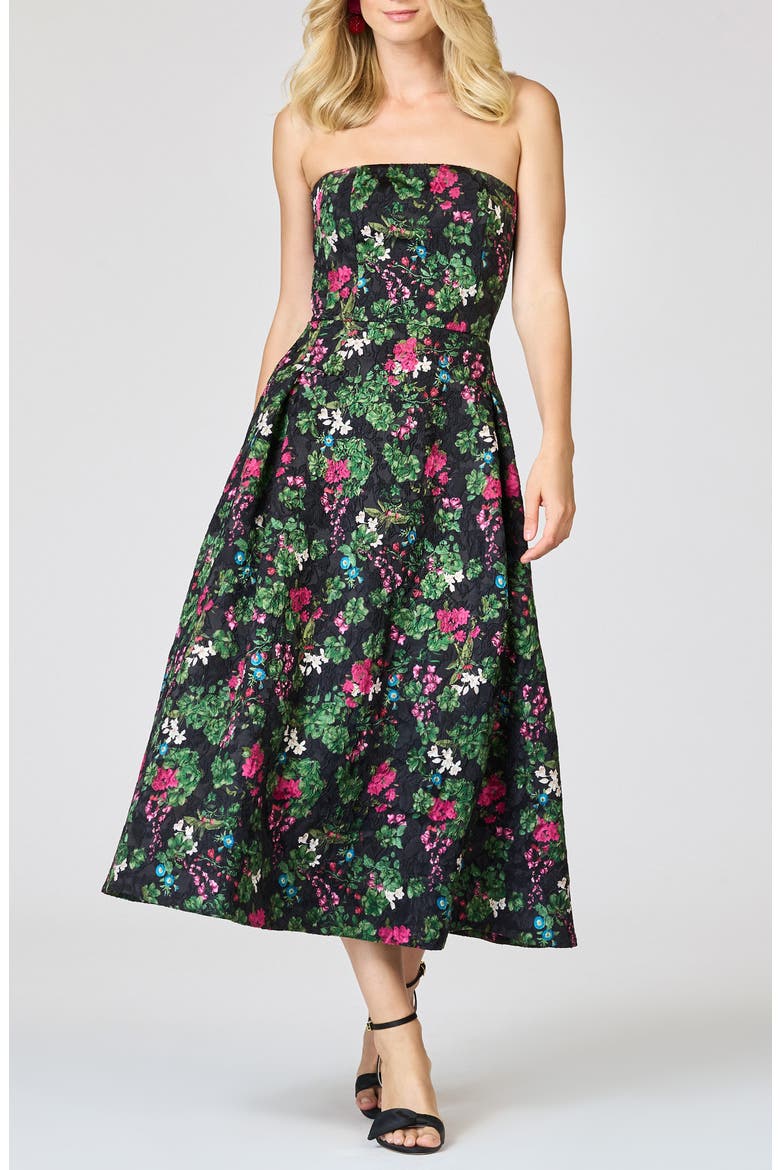 Cloque Strapless Floral Print Dress, Main, color, ROYAL GARDENS