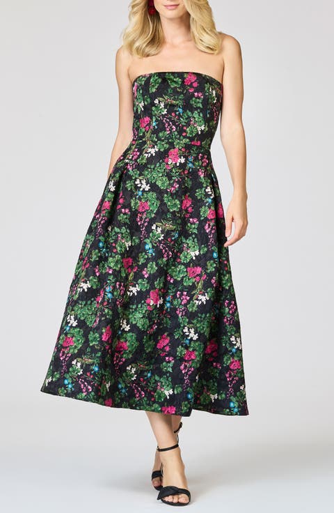 Cloque Strapless Floral Print Dress