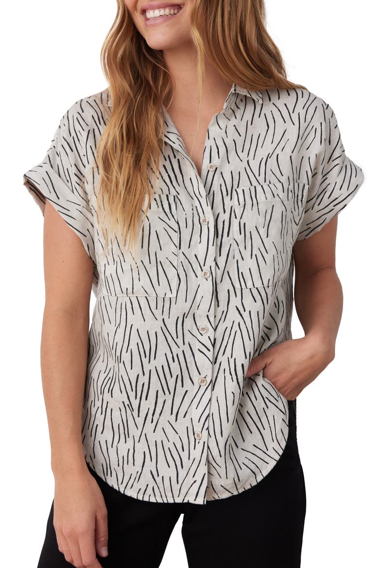 Print Linen Button-Up Shirt, Main, color, COOL SAND