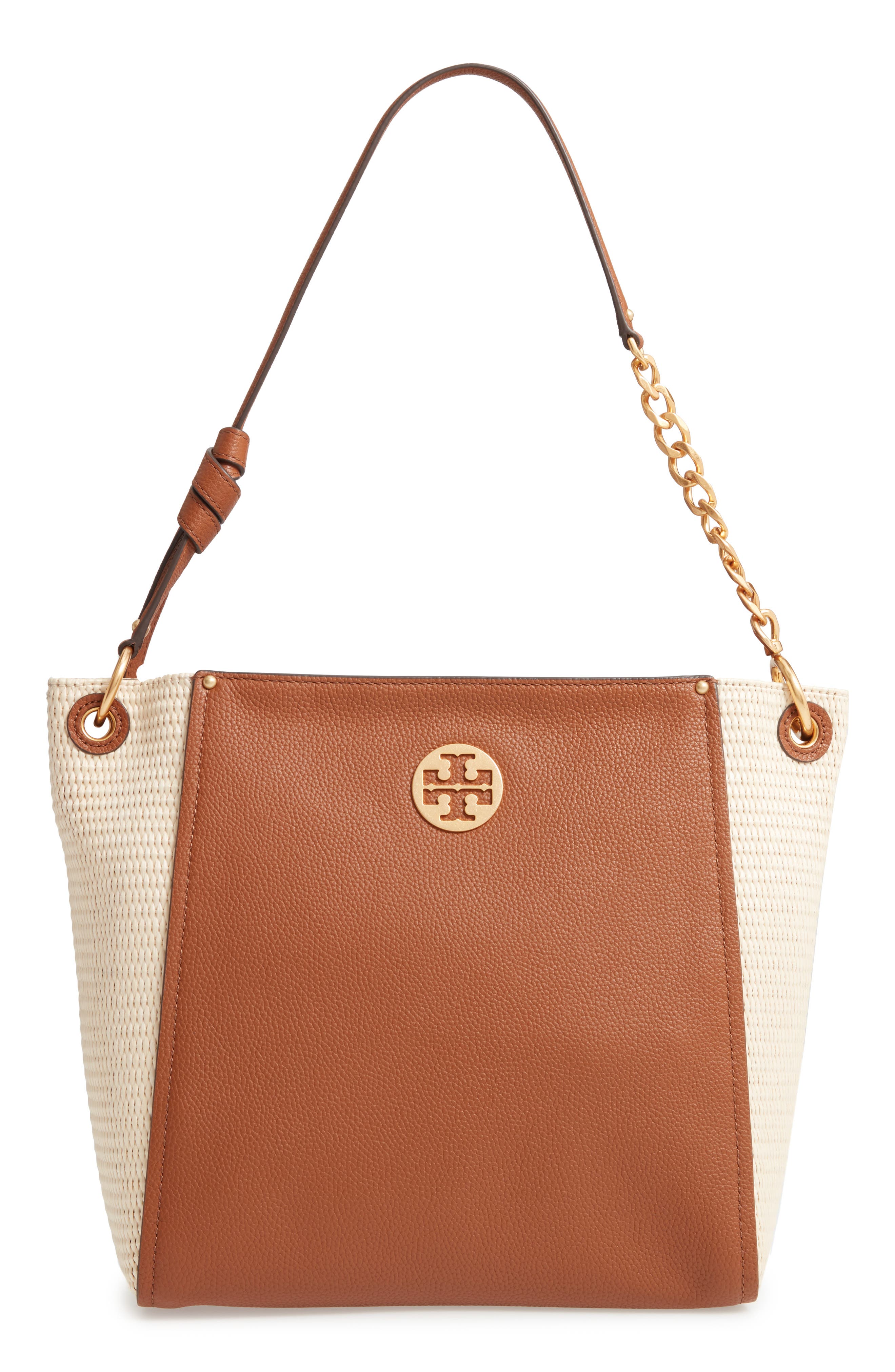 Tory Burch Everly Leather & Straw Hobo, Main, color, 