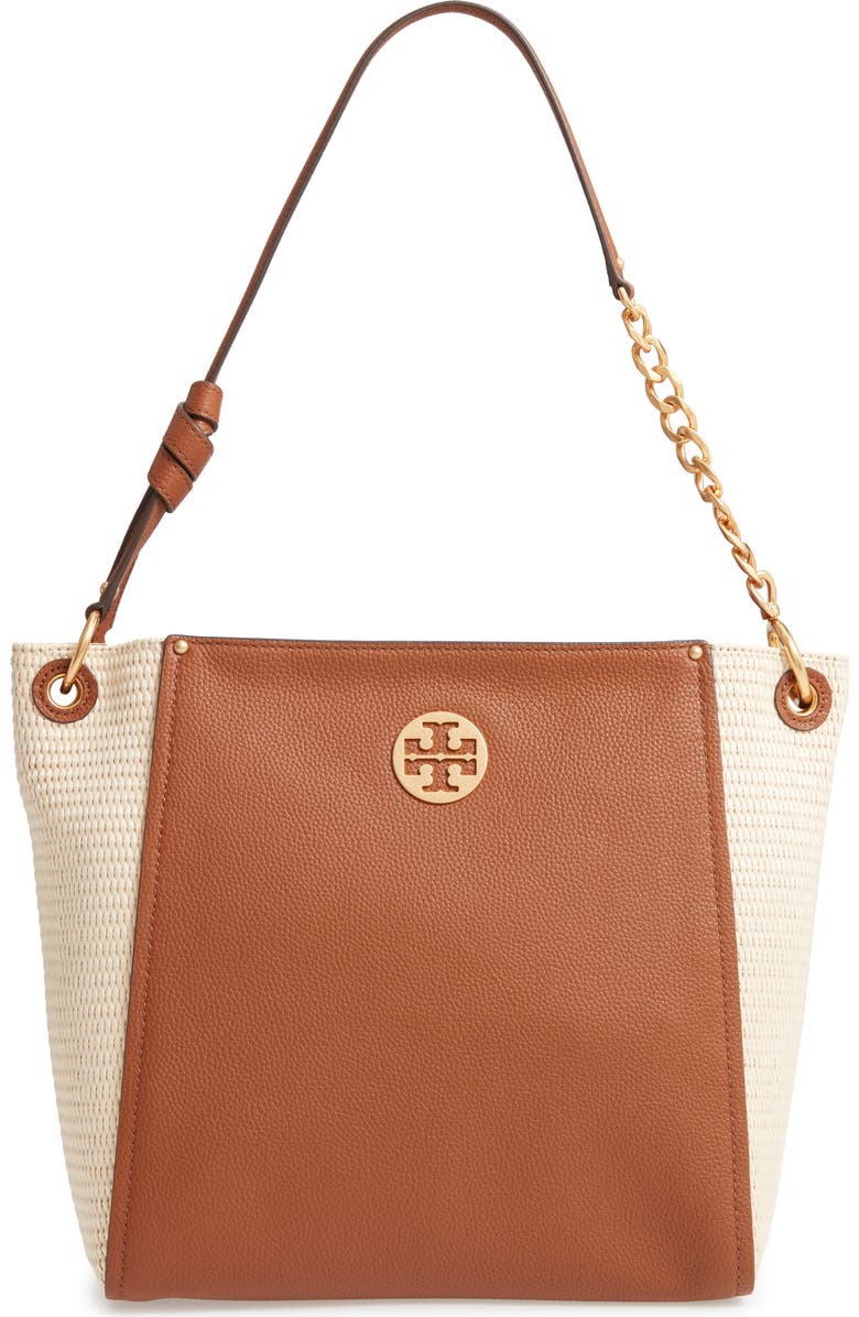 Tory Burch Everly Leather & Straw Hobo, Main, color,