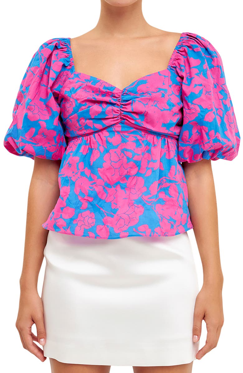 Free the Roses Floral Bow Back Puff Sleeve Blouse, Alternate, color, Blue/ Fuchsia
