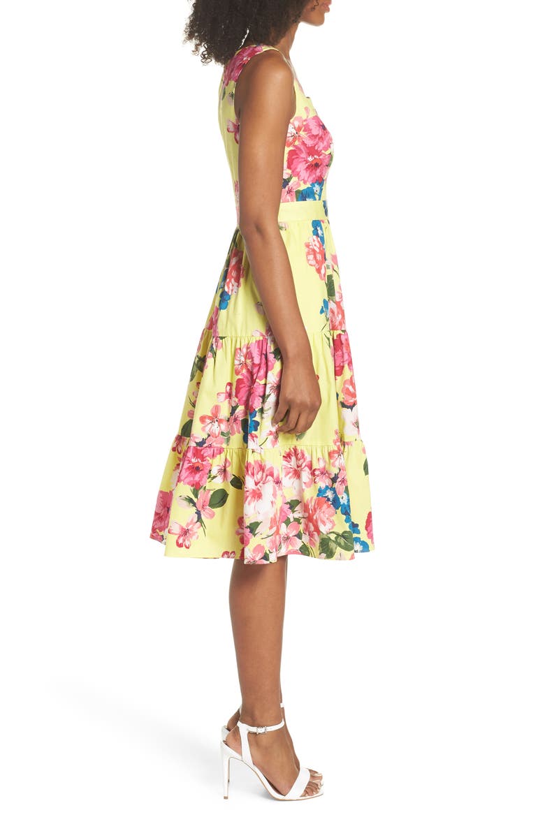 Square Neck Floral Tiered Fit & Flare Midi Dress, Alternate, color, YELLOW/ PINK