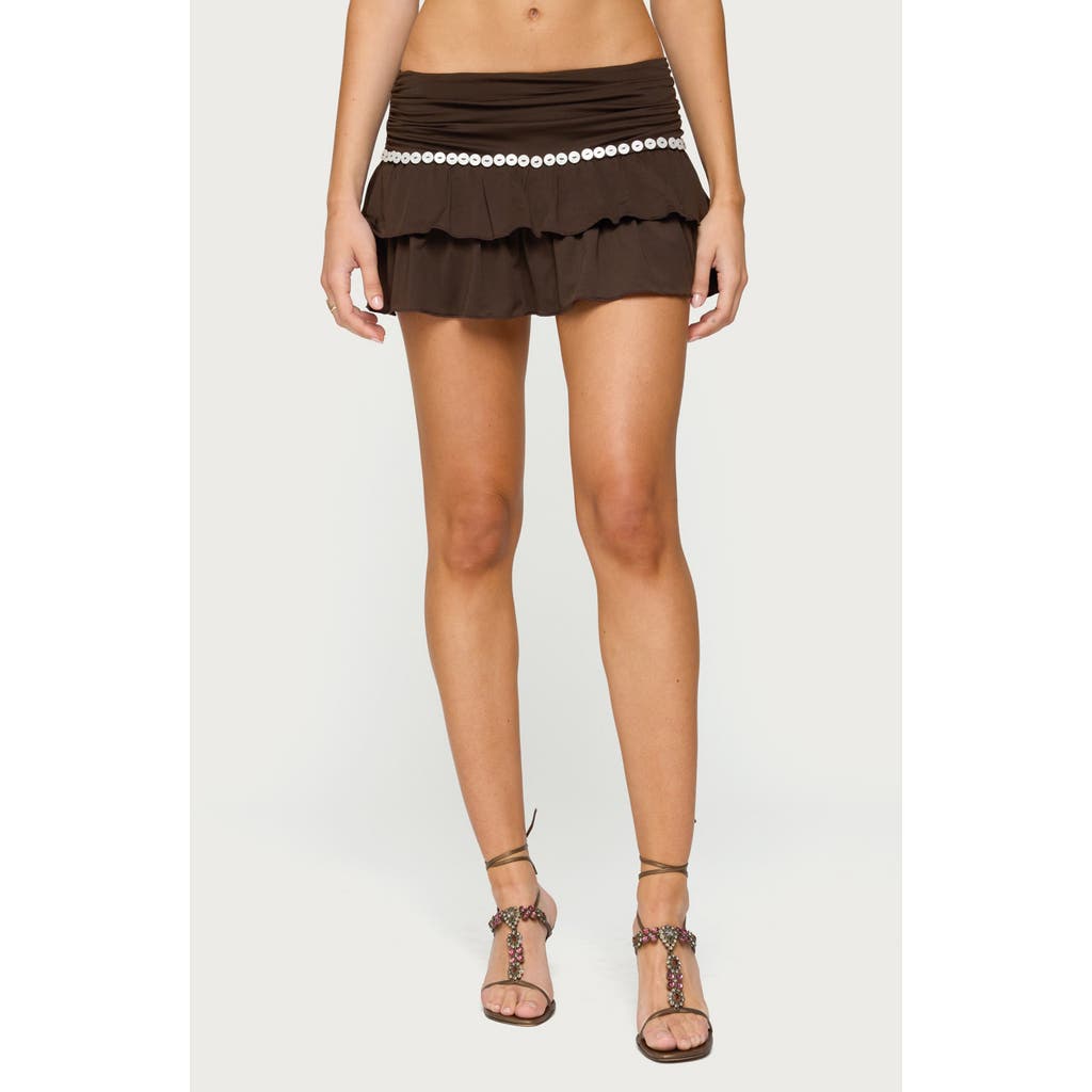 EDIKTED Katarina Low Rise Tiered Ruffle Miniskirt in Brown at Nordstrom, Size Medium