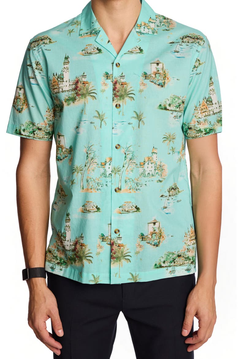 Island Print Camp Shirt, Main, color, GREEN SUMMER ISLAND