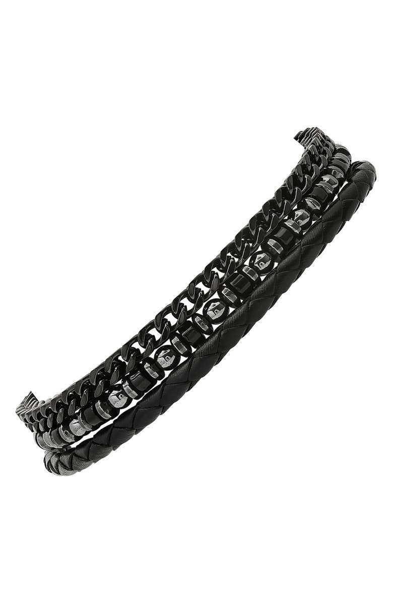 HMY JEWELRY Men's Set of 3 Assorted Hematite, Chain & Leather Bracelets, Main, color, Black