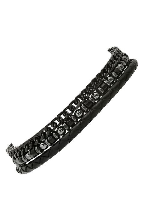 Men's Set of 3 Assorted Hematite, Chain & Leather Bracelets