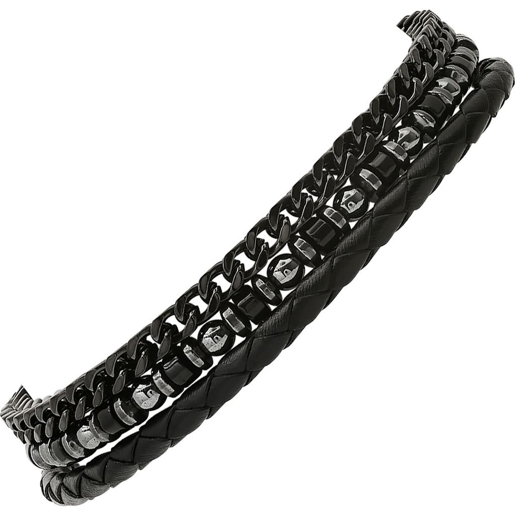 Hmy Jewelry Set Of 3 Assorted Hematite, Chain & Leather Bracelets In Black