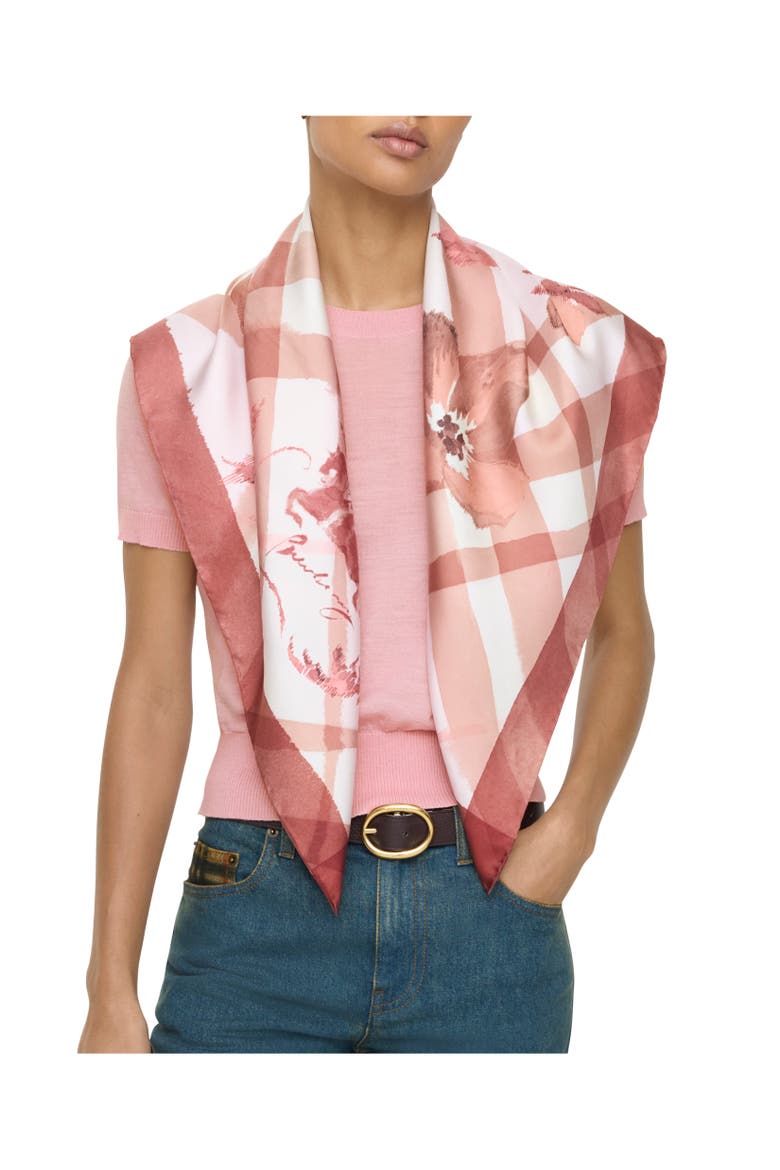 Watercolour Check Silk Scarf, Alternate, color, Quartz pink