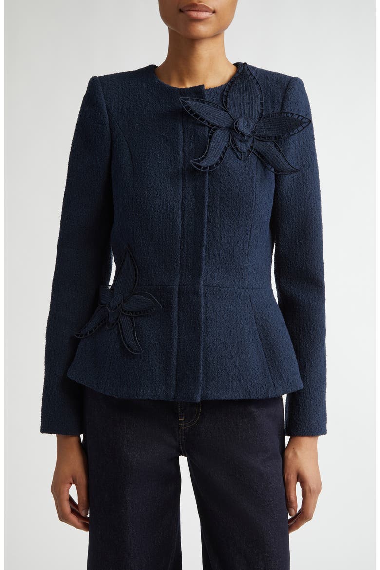 Orchid Appliqué Tweed Peplum Jacket, Main, color, NAVY