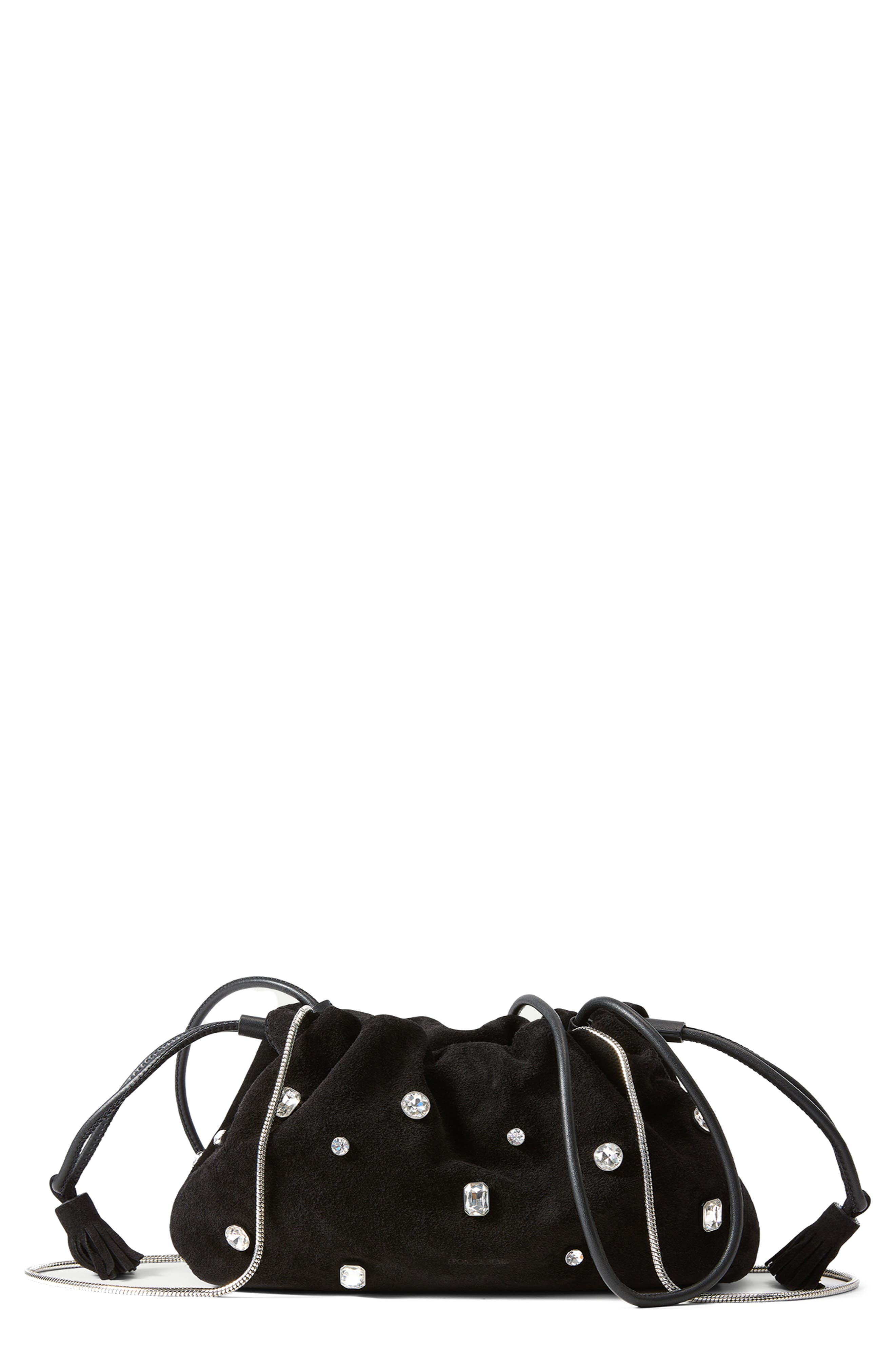 Veronica Beard Small Stash Crystal Leather Drawstring Clutch, Main, color, Black