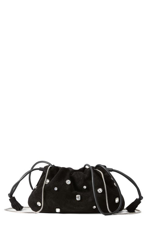 Small Stash Crystal Leather Drawstring Clutch