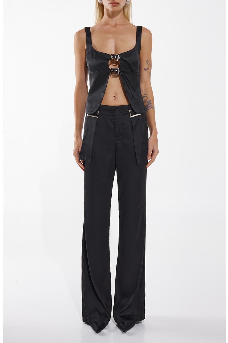 Rosie Buckled Waist Satin Straight Leg Pants, Alternate, color, BLACK