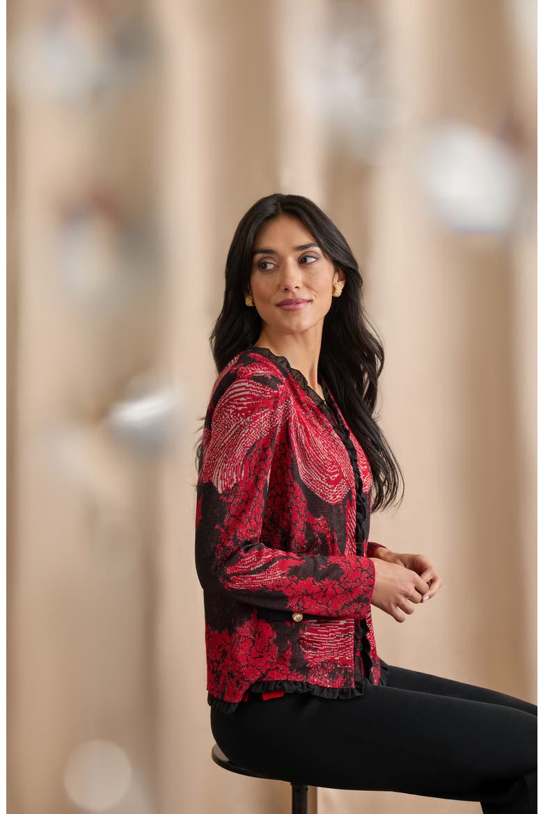 Floral Jacquard Ruffle Trim Jacket, Alternate, color, HOLIDAY/ TWIG/ BLACK