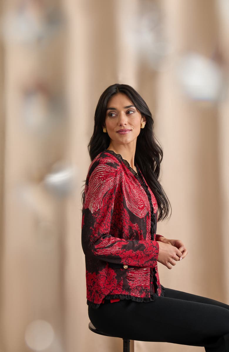 Ming Wang Floral Jacquard Ruffle Trim Jacket, Alternate, color, Holiday/ Twig/ Black