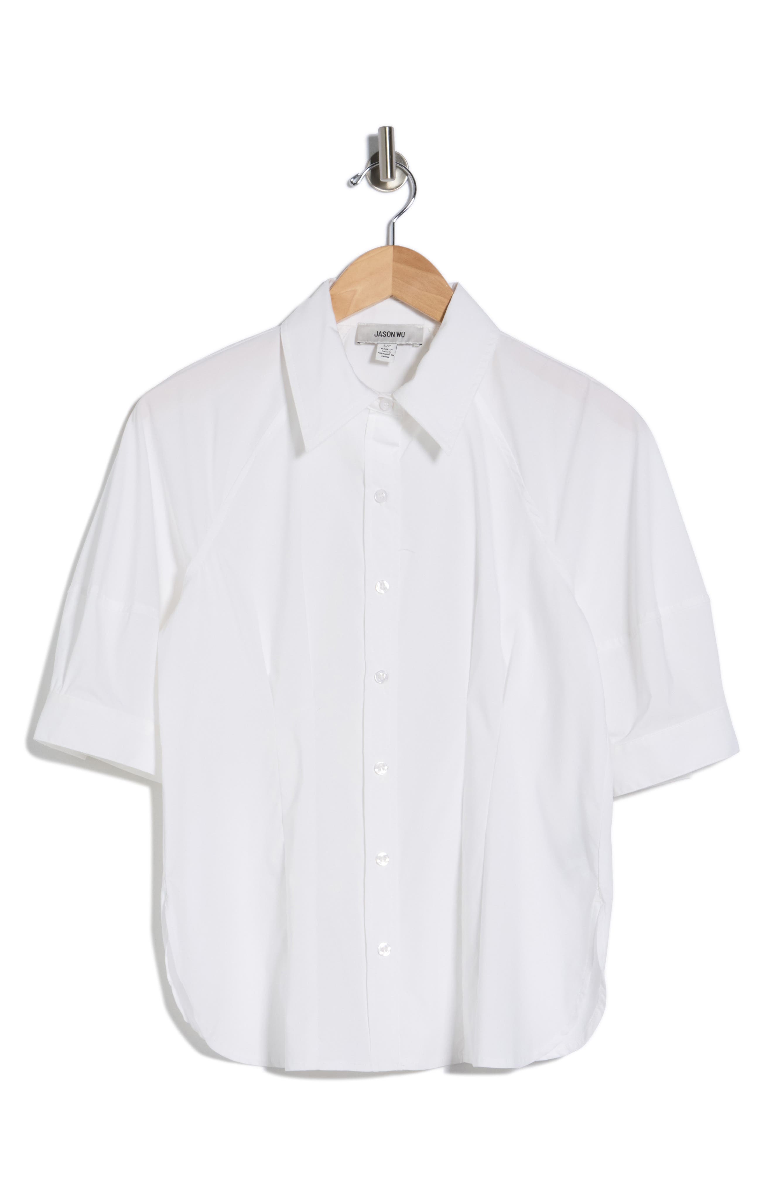 JASON WU Short Sleeve Pleated Woven Button-Up Shirt