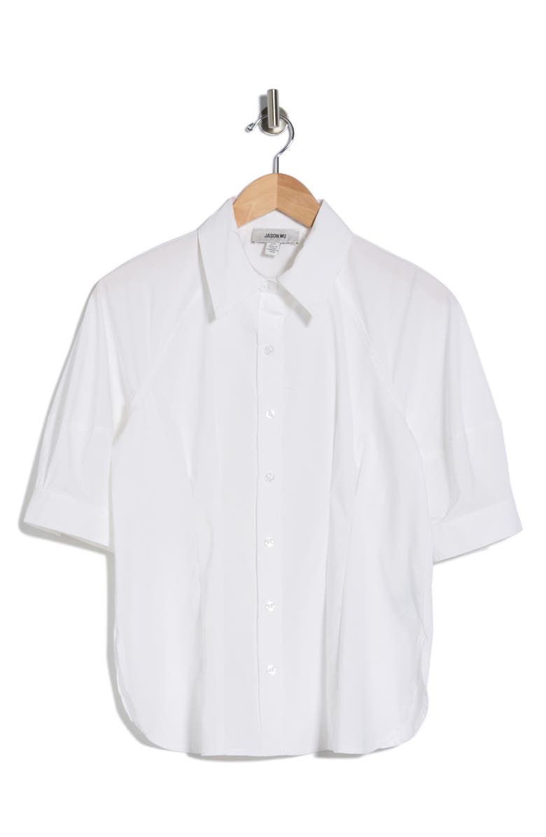 JASON WU Short Sleeve Pleated Woven Button-Up Shirt, Main, color, White