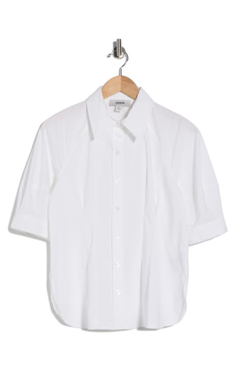 Short Sleeve Pleated Woven Button-Up Shirt