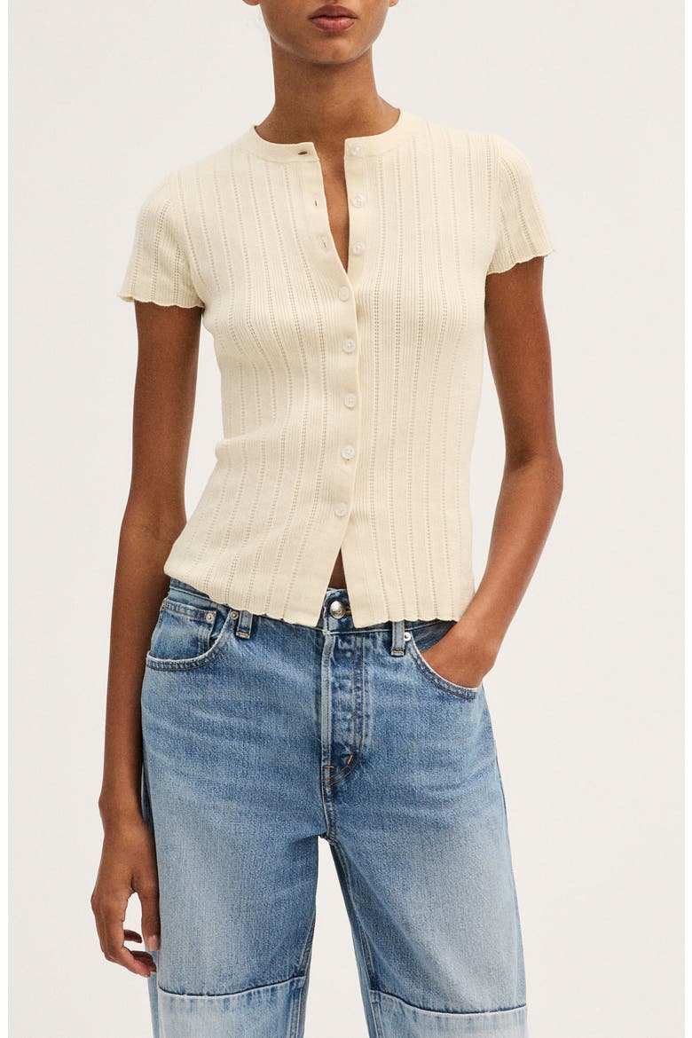 Cotton Blend Pointelle Short Sleeve Cardigan, Main, color, CANVAS