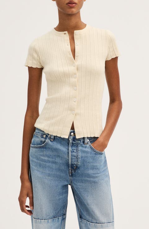 Cotton Blend Pointelle Short Sleeve Cardigan