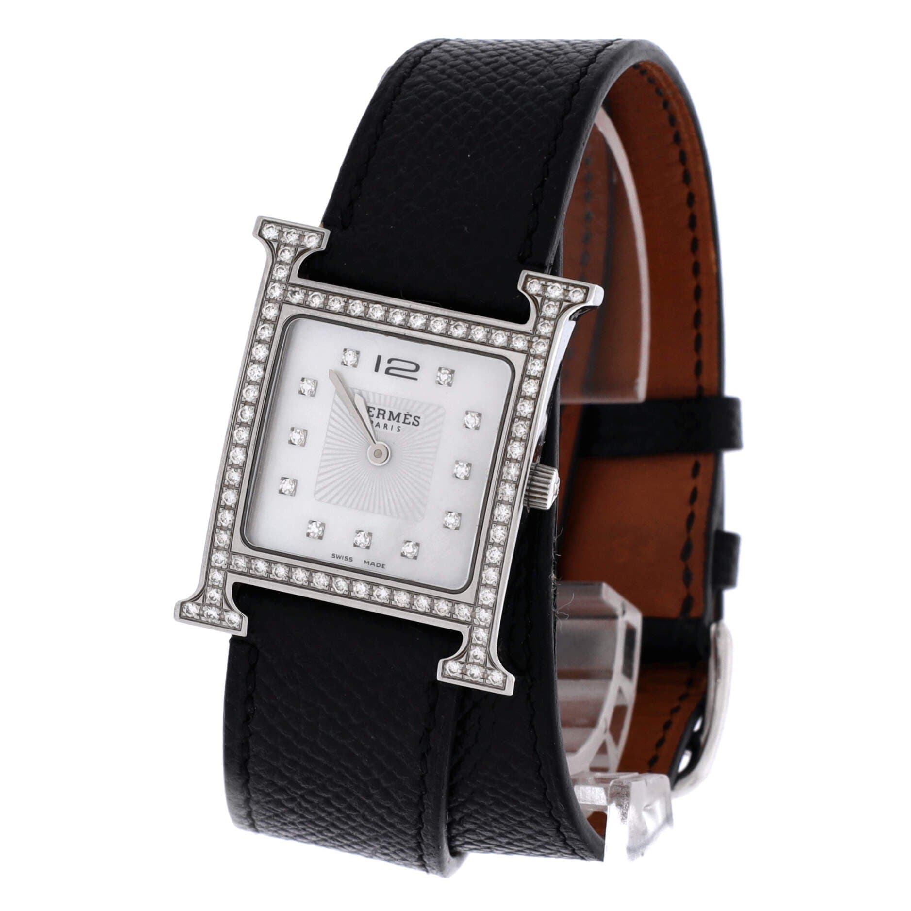 Pre-Owned Hermes Heure H Quartz Watch Stainless Steel and Leather with Diamond Bezel and Markers and Mother of Pearl 26, Alternate, color, Silver