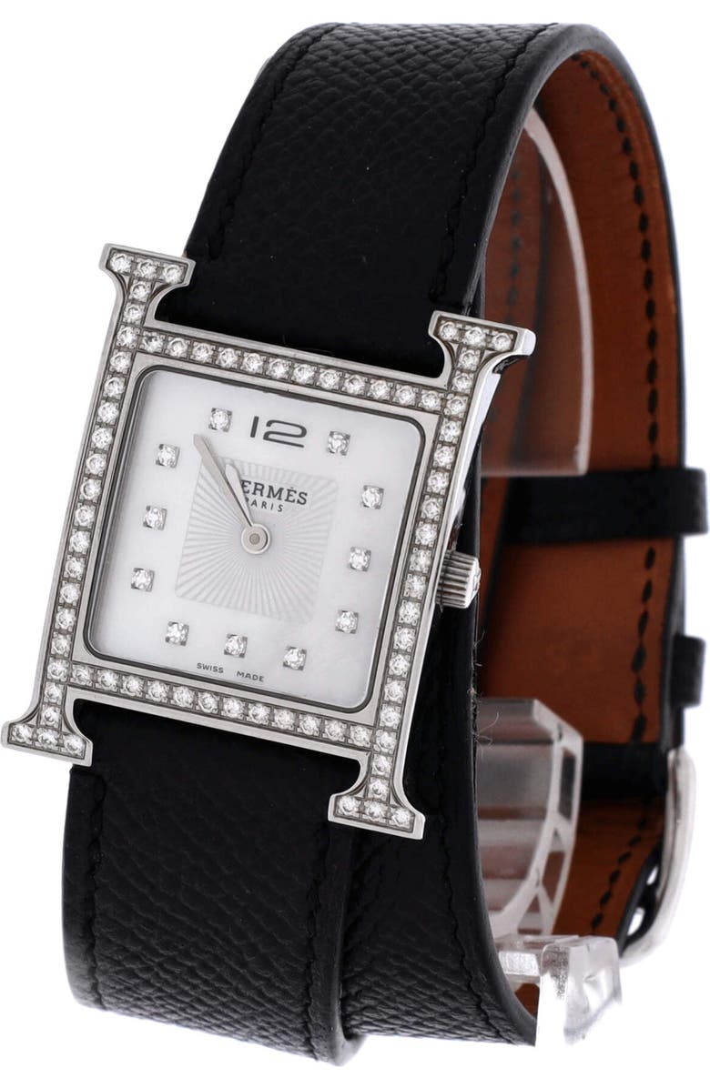 Pre-Owned Hermes Heure H Quartz Watch Stainless Steel and Leather with Diamond Bezel and Markers and Mother of Pearl 26, Alternate, color, Silver