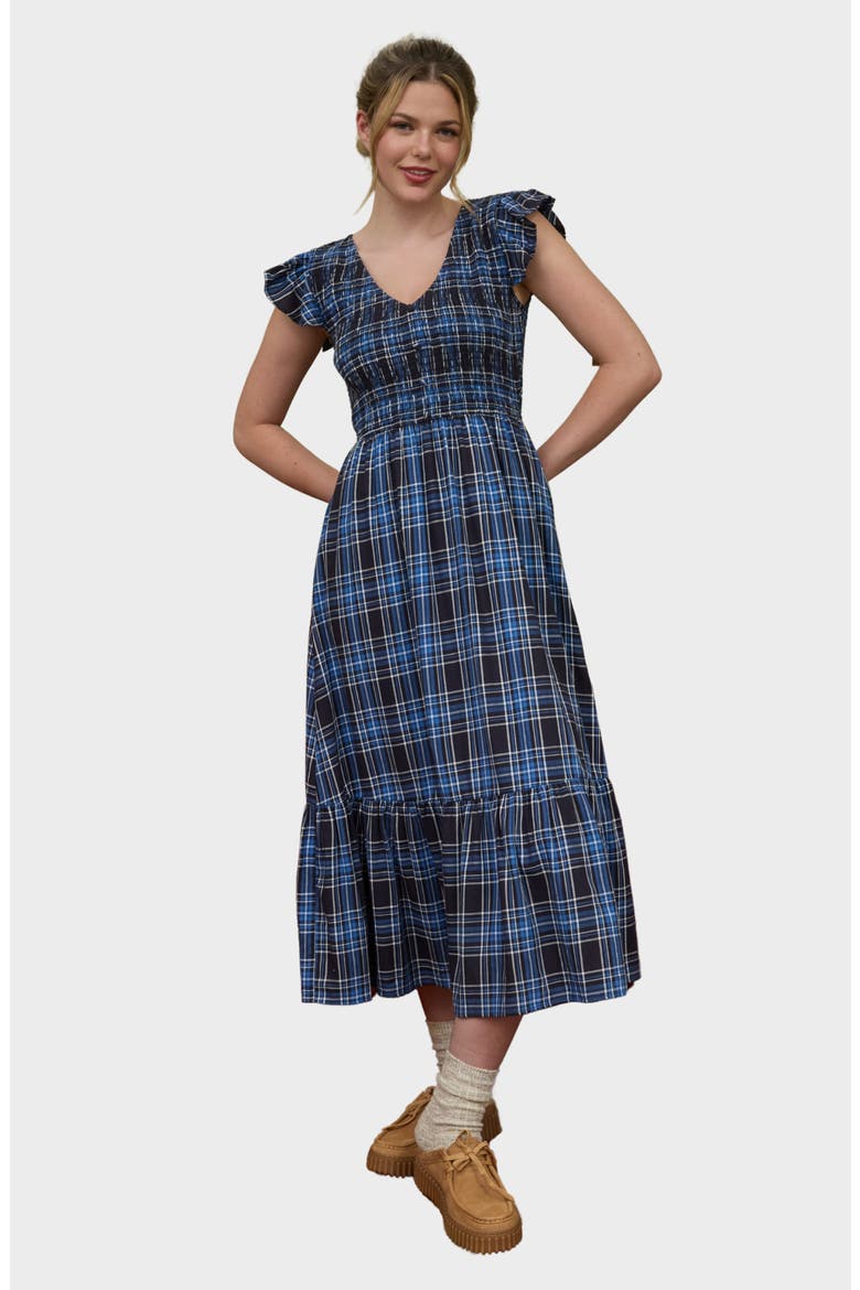 Flutter Sleeve Plaid Maxi Dress, Alternate, color, NAVY MULTI