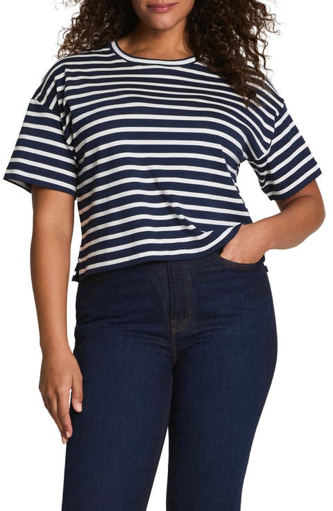Cool Cotton Stripe Crewneck T-Shirt (Plus)