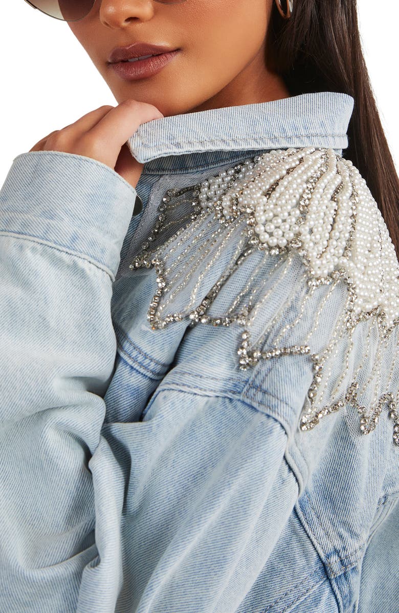 VICI Collection Delanie Imitation Pearl & Rhinestone Detail Denim Trucker Jacket, Alternate, color, 