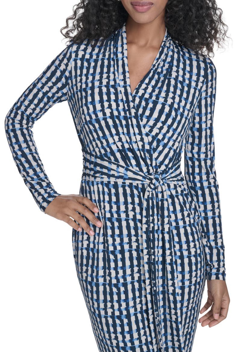 Long Sleeve Tie Waist Faux Wrap Dress, Alternate, color, INDIGO/ STONEY BEIGE MULTI