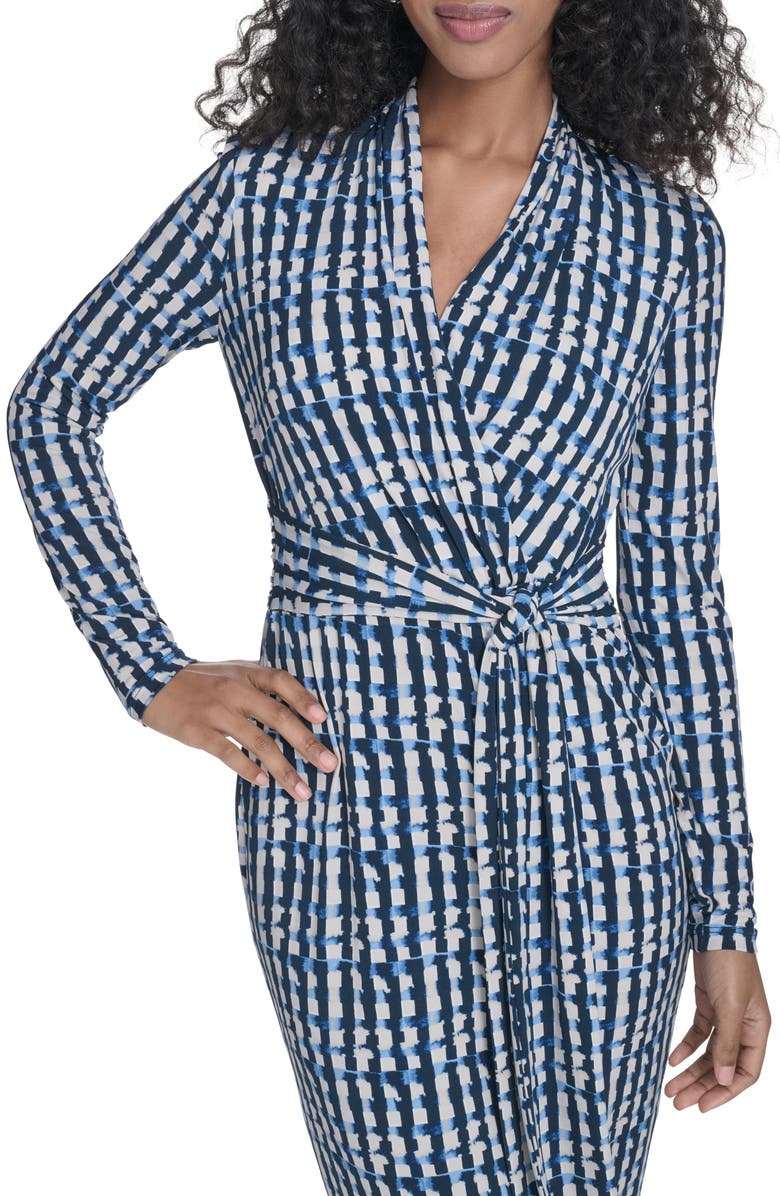 Calvin Klein Long Sleeve Tie Waist Faux Wrap Dress, Alternate, color, Indigo/ Stoney Beige Multi