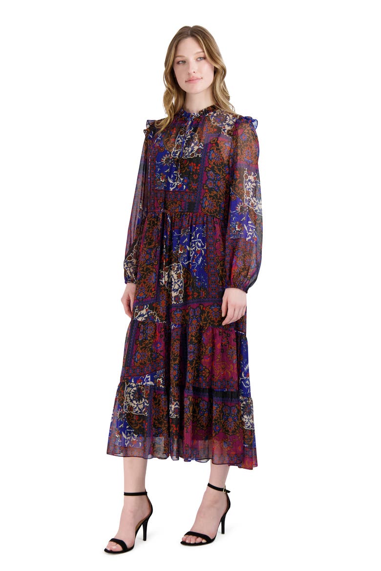 Floral Print Long Sleeve Drawstring Waist Midi Dress, Alternate, color, BLACK MULTI