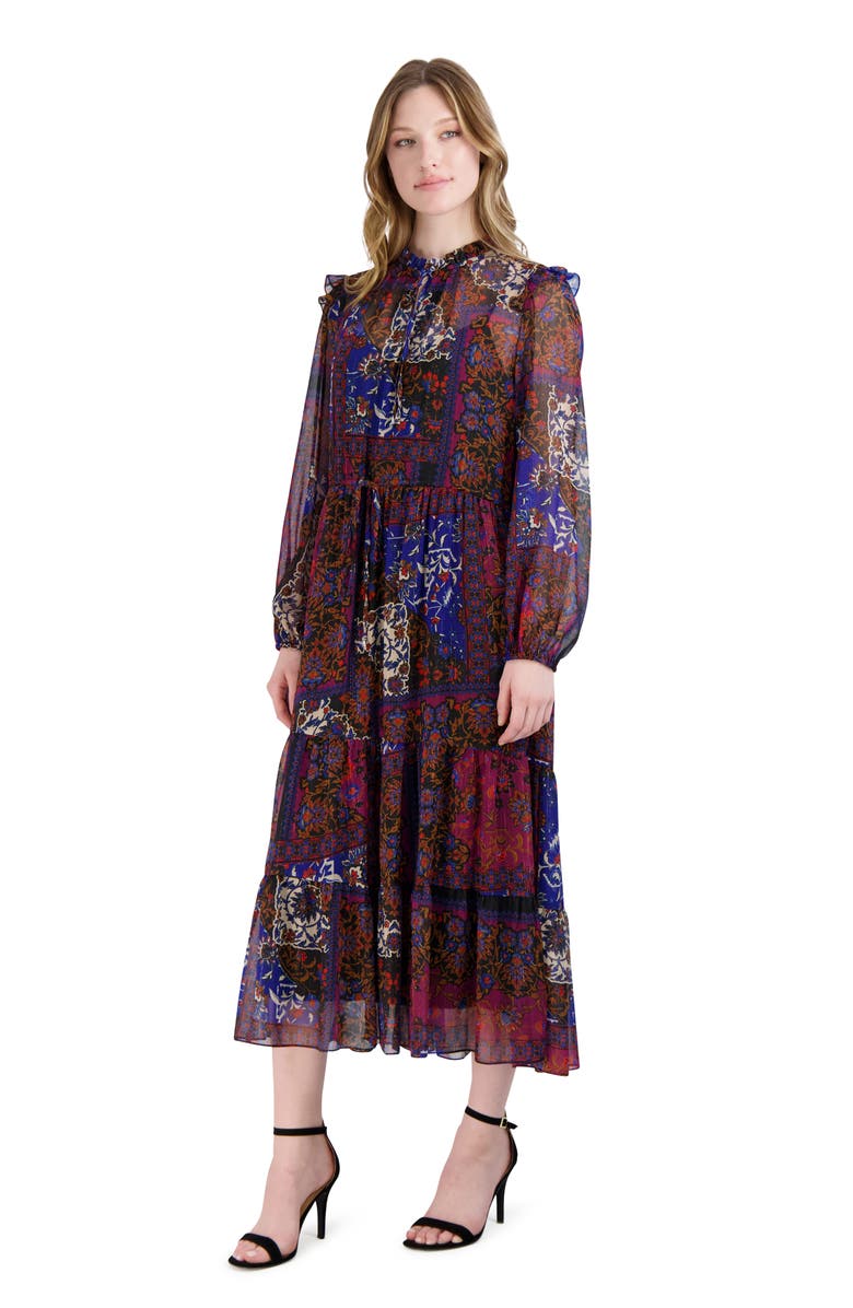 Julia Jordan Floral Print Long Sleeve Drawstring Waist Midi Dress, Alternate, color, Black Multi