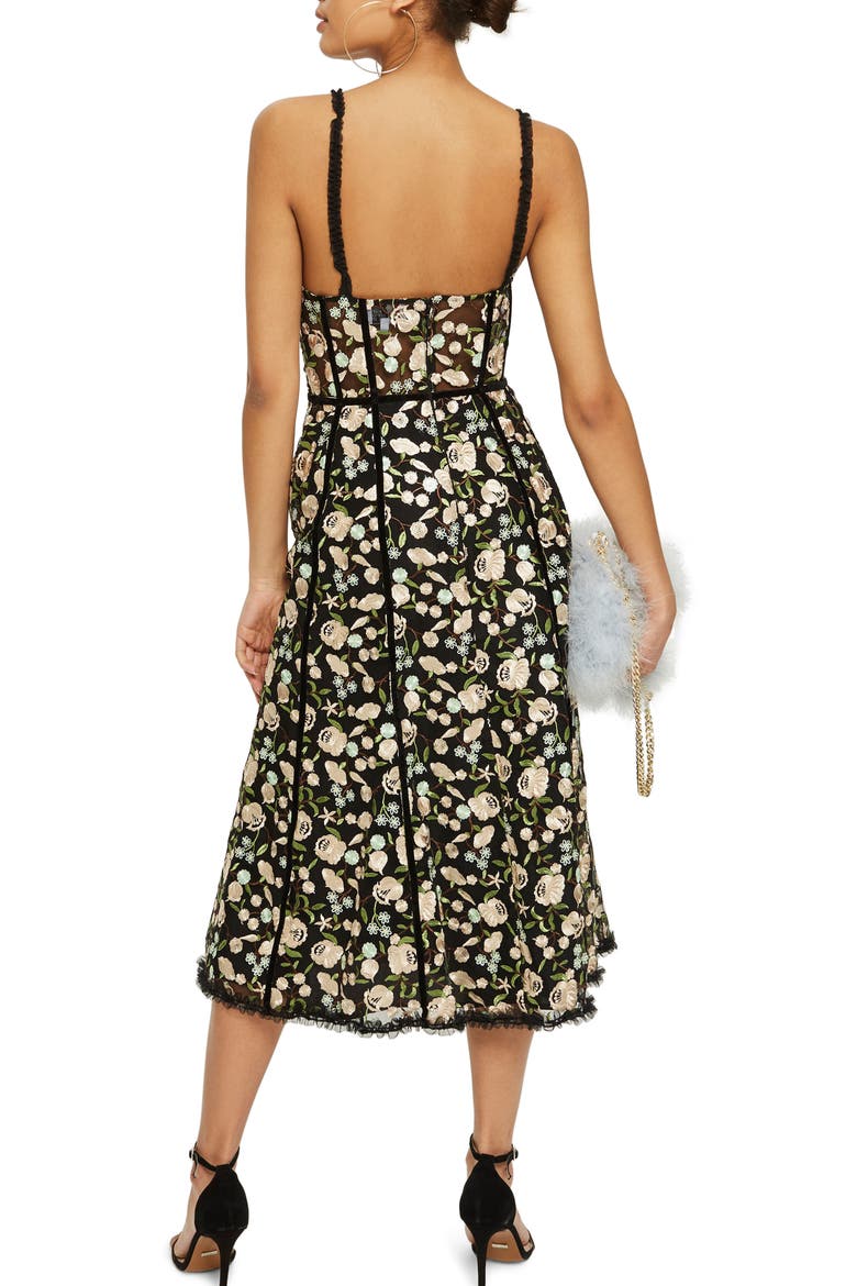 Floral Corset Midi Dress, Alternate, color, BLACK MULTI