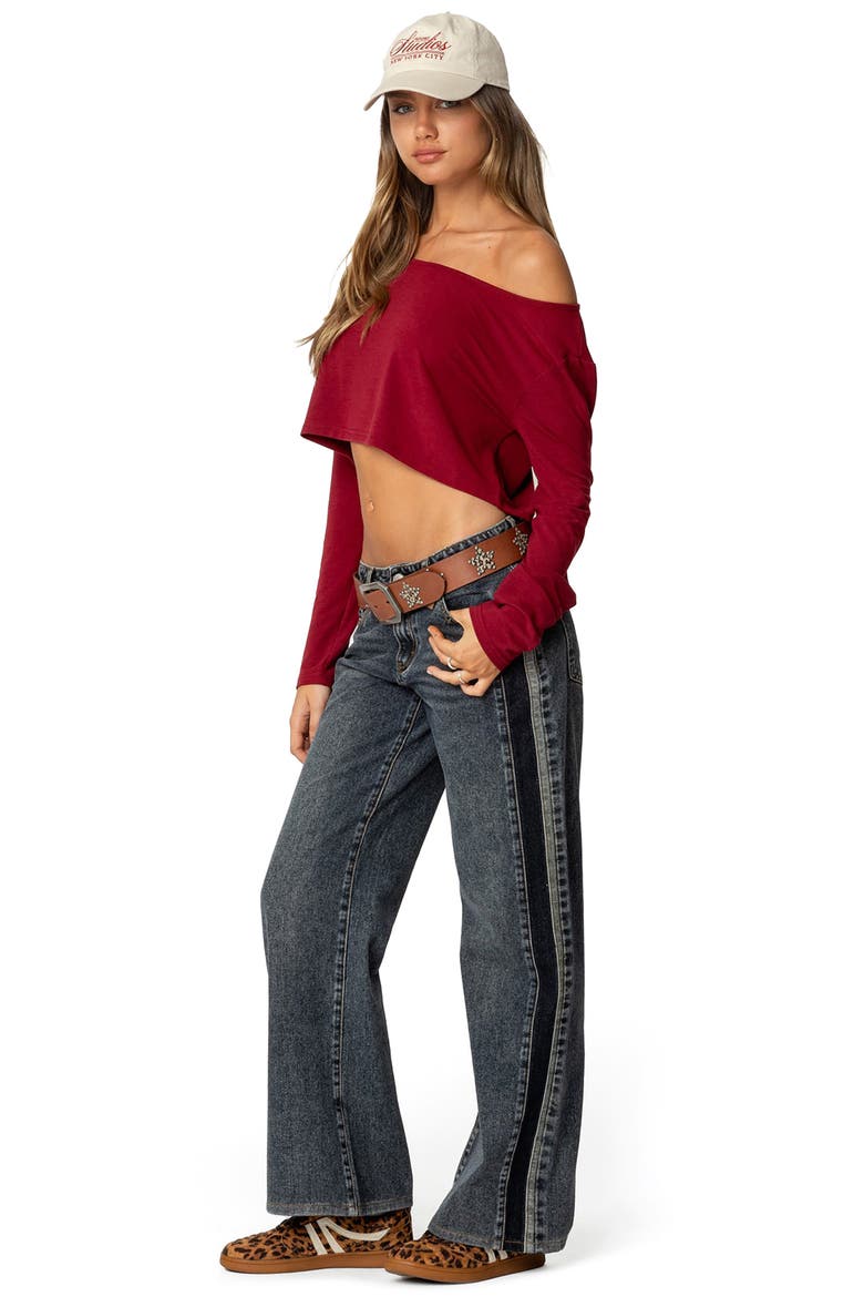 One-Shoulder Long Sleeve Crop Top, Alternate, color, BURGUNDY