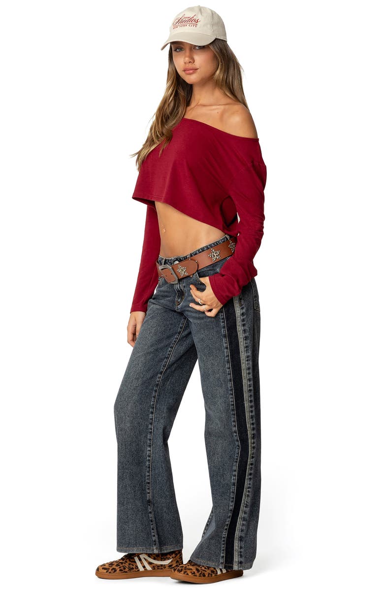 EDIKTED One-Shoulder Long Sleeve Crop Top, Alternate, color, Burgundy