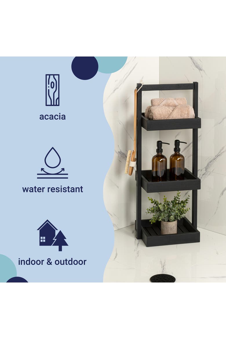 Tilly 30" Classic Rustic 3-Tier Acacia Wood Freestanding Bathroom Shower Caddy, Alternate, color, Black